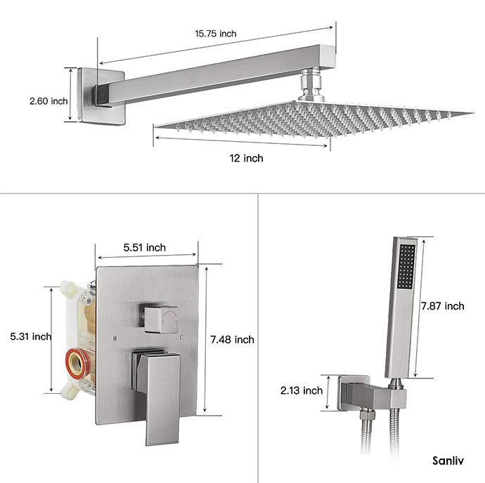 12 Inch Square Shower Head System 2-Functions Bathroom Luxury Rain Mixer Shower Combo Set Wall Mounted Rainfall Brushed Nickel Shower Faucet Rough-in Valve Body and Trim