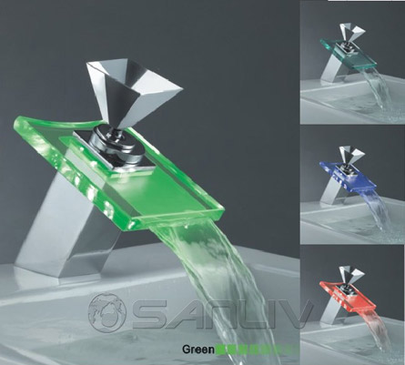 Glass Waterfall LED Bathroom Vanity Vessel Sink Faucet