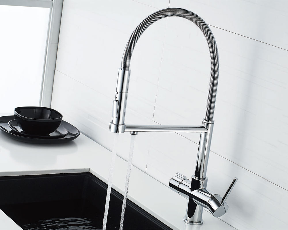 Tall Pullout 3-Way Tap Tri-Flow Faucet Chrome Kitchen Mixer