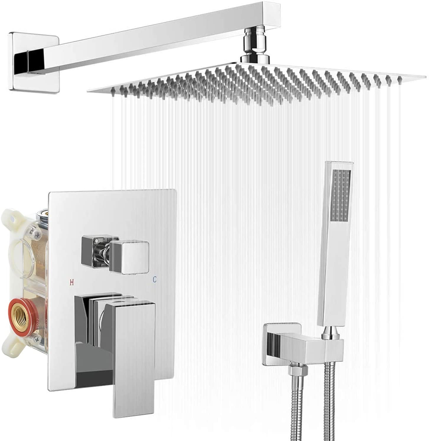 Rainfall Shower Head with Handheld Spray Pressure Balance Valve and Trim Kit Polished Chrome