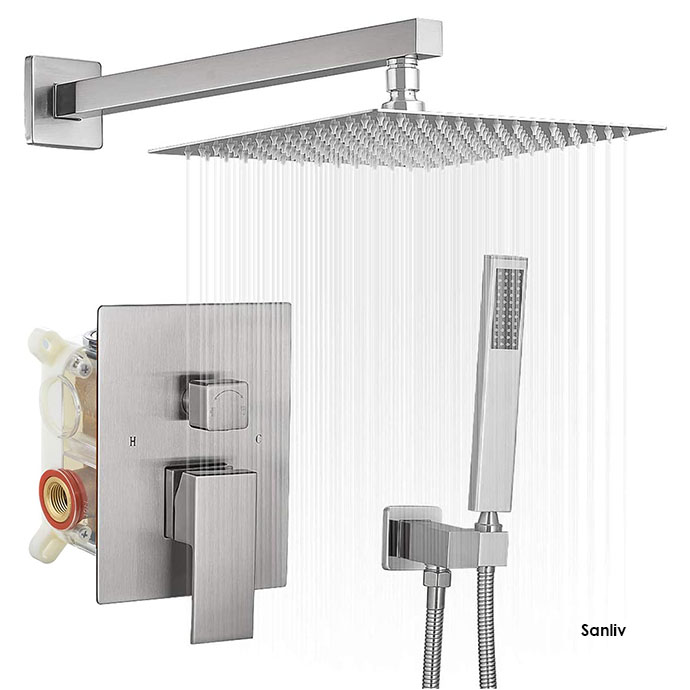 Square Shower Head System Wall Mounted Rainfall Shower Combo Set Brushed Nickel Shower Faucet Rough-in Valve Body and Trim Included