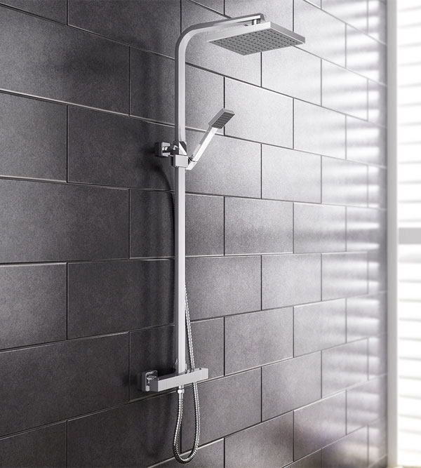 Square Thermostatic Exposed Pipe Shower System Chrome with Rainfall Shower Head and Handset