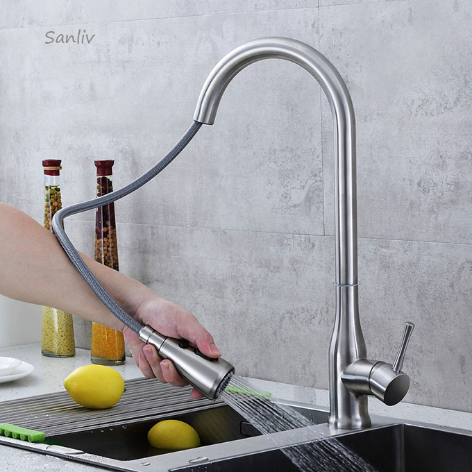 Stainless Steel Brushed Nickel Finish Pull Out Sprayer Kitchen Bar Faucet