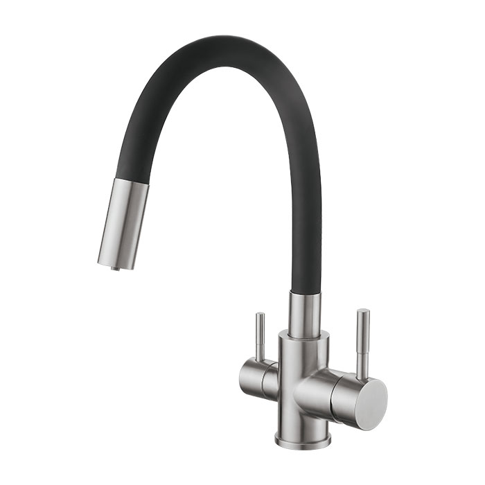 brushed nickel 3 way triflow tap kitchen faucet with flexible spout