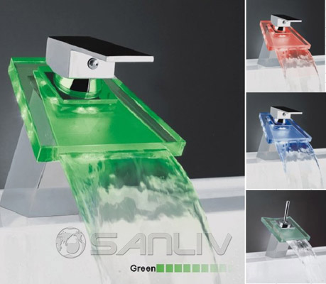 Trapezoid Glass Waterfall LED Bathroom Basin Mixer Taps