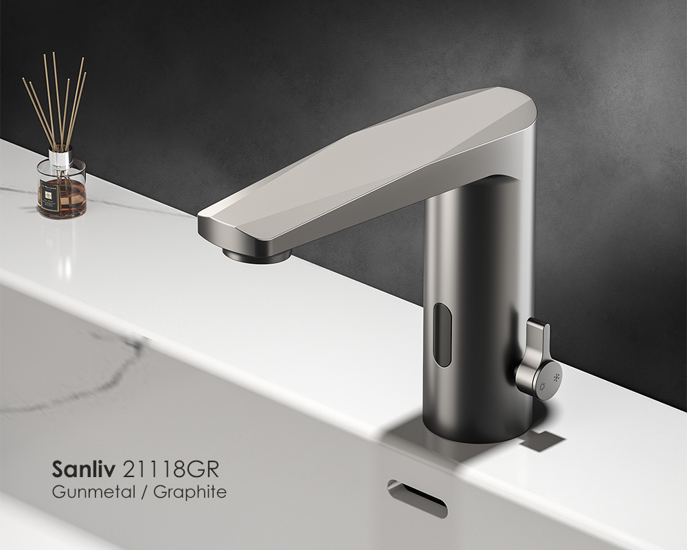 Sanliv Graphite or Gunmetal Automatic Sensor Faucet is a touchless hands free faucet in Dark Grey finish