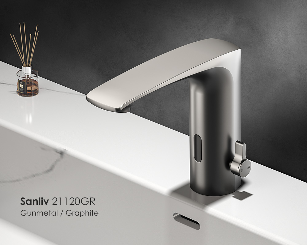 Automatic Sensor Bathroom Faucet - Touchless Single Hole with Temperature Control in gunmetal or graphite finish
