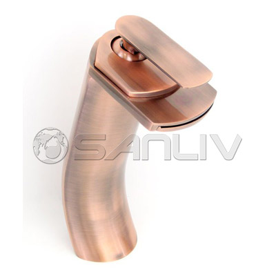 Flat Spout Single Hole High Rise Waterfall Basin Mixer Tap Antique Copper 28313A